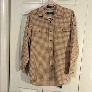 Orvis Men's Brown plaid twill button down Shirt long roll-up sleeve size small